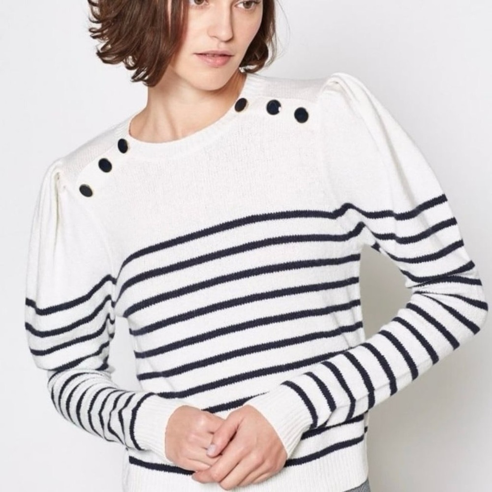 Joie White and Navy Striped Crewneck Sweater with Button Detail